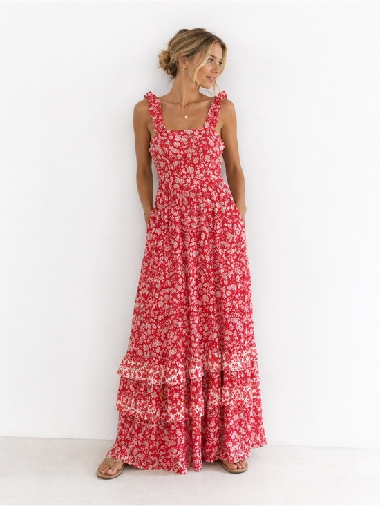 Universal Thread Dresses & Skirts - Red White Floral Ruffle Tiered Maxi‎ Dress Ruffle Cottagecore Boho Effortless